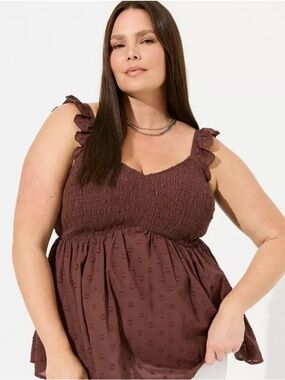 Torrid Babydoll Cotton Clip Dot Smocked Bodice Tank Brown Plus Size 3